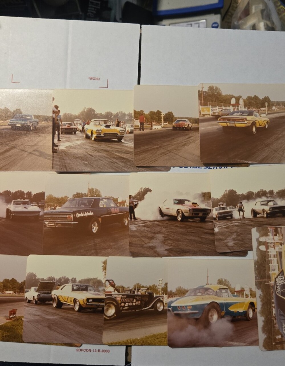 American Vintage Photo Set Featuring Yellow and Blue Drag Racing Cars